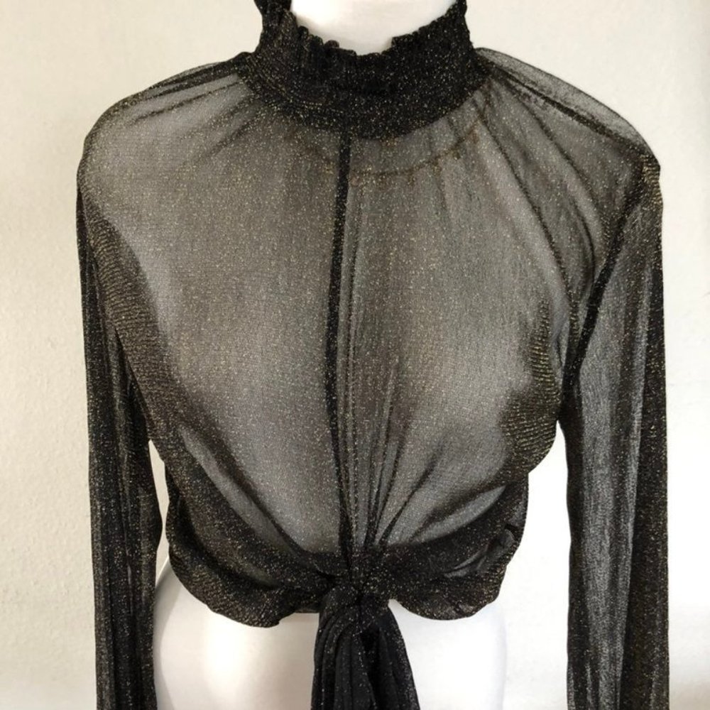 Black Gold Mesh Long Sleeve Tied Blouse - Picture 7 of 8